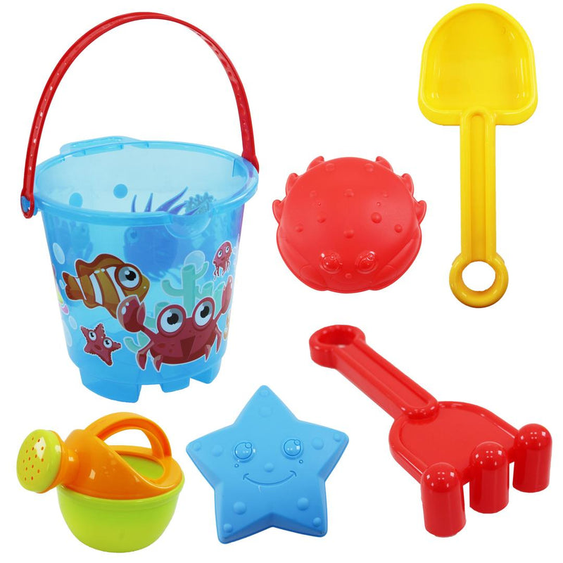 6 Pcs Beach Toys Bucket Set Includes Bucket, Spade, Shovel, Rake, Moulds, and Water Toy - 909036