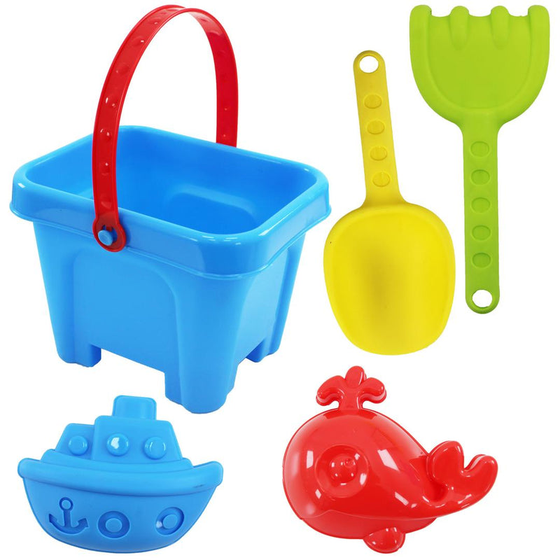 5 Pcs Kids Beach Sand Bucket Castle Set with Bucket, Ship, Fish, and 2 Spade Tools - 909039