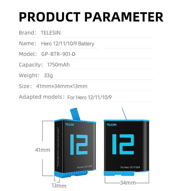 TELESIN Battery For GoPro HERO12/11/10/9 (Black), 24011802 - Gamplanet