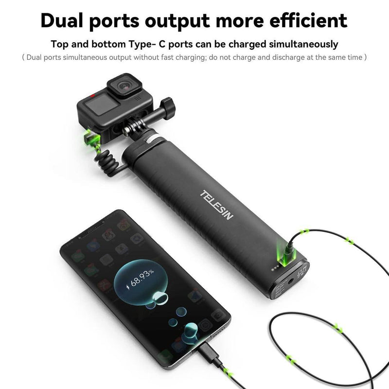 TELESIN Selfie Stick 10000mAh Battery With USB - C Cable For Action Cameras, 23010402 - Gamplanet