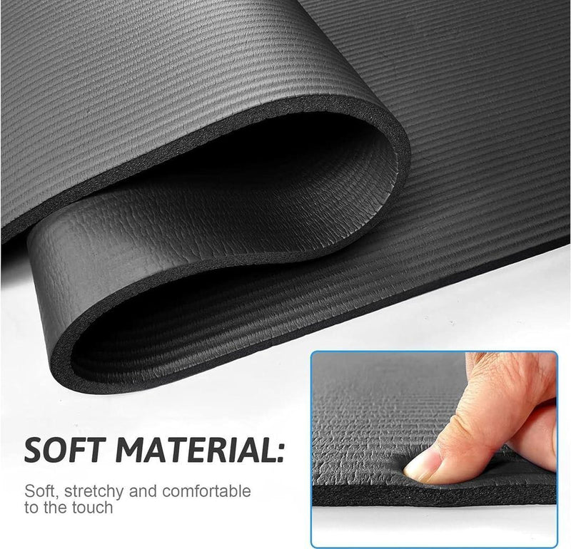 Yoga Mat With Carry Strap, 188 x 61 x 1cm, Made of Durable Non - slip 10mm Thick Material, Black - Gamplanet